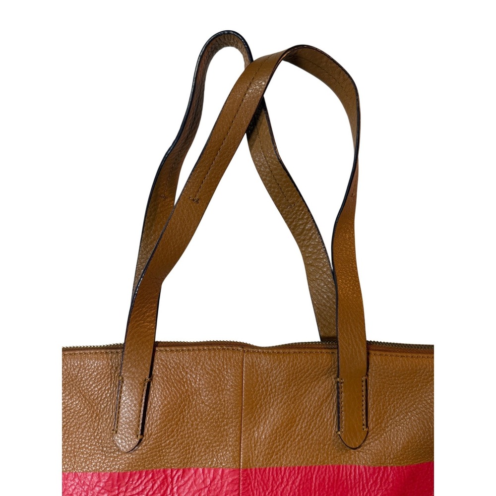 GAP Leather Tote Bag Brown‎ Red Colorblock Zip Top Shoulder Purse Large Carryall - Picture 5 of 10